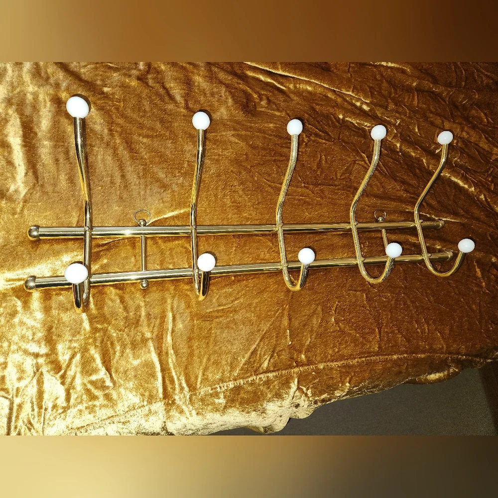 Vintage 1970s Beautiful Gold Brass Wall Mounted Coat Rack Hooks Porcelain Knobs